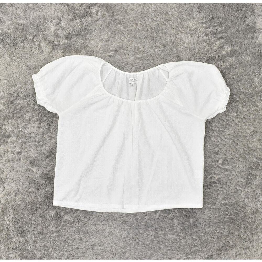 Madewell Texture & Thread White Blouse L Polyester Short Sleeve Solid Crew Neck